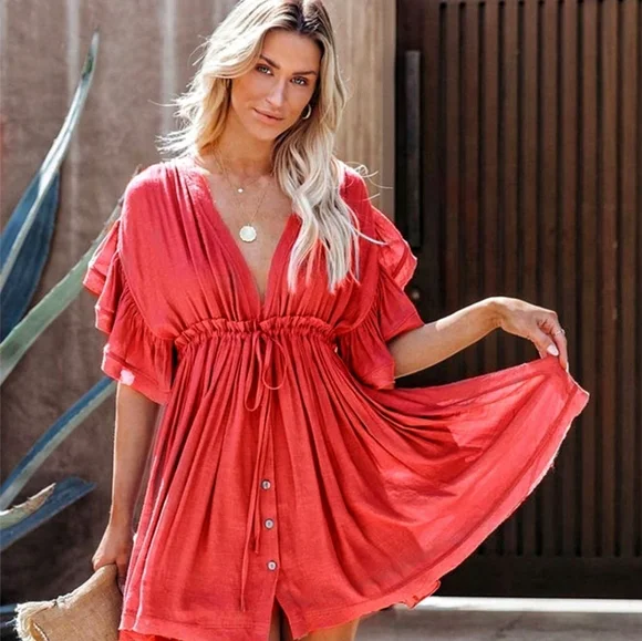 New Flowy Gauze Cover Up Mini Dress Deep Plunge Flutter Sleeve Summer Red - Picture 5 of 8